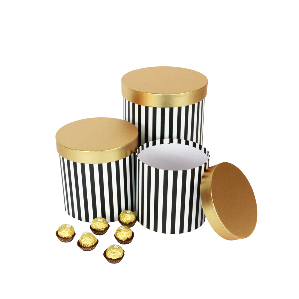 w-7412-boxes-with-stripes-for-flowers-luxury-flower-arrangements-carton-paper-cylinder-black-and-white-pink-gold-lid-roses-gorlfriend-fancy-wife-with-liner Set of 3, Round Flower/Gift Boxes with Golden Lids, Pink/Black Stripes | W7414/7412