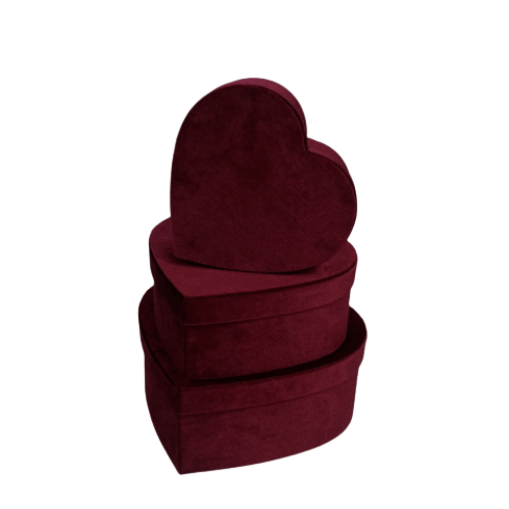 Velour Set of 3 Heart Shaped Flower Gift Boxes, Various Colors