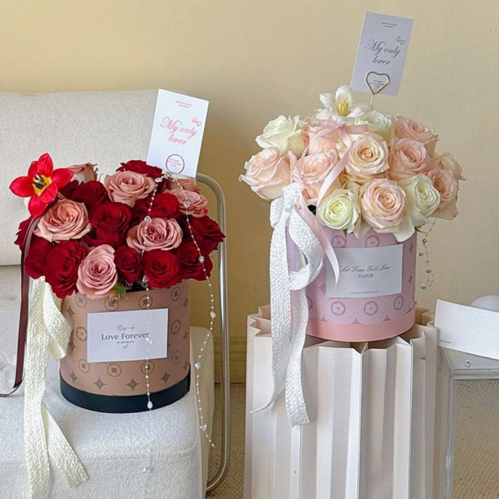 cajas-cajitas-florales-boxes-gift-for-flowers-fancy-luxury-roses-cylinder-hat-round-supplies-florist-floral-foam-flowers-pink-for-her-valentines-birthday-paper-cylinder Stylish Design, Cylinder Flower Box, 7"x6.7"