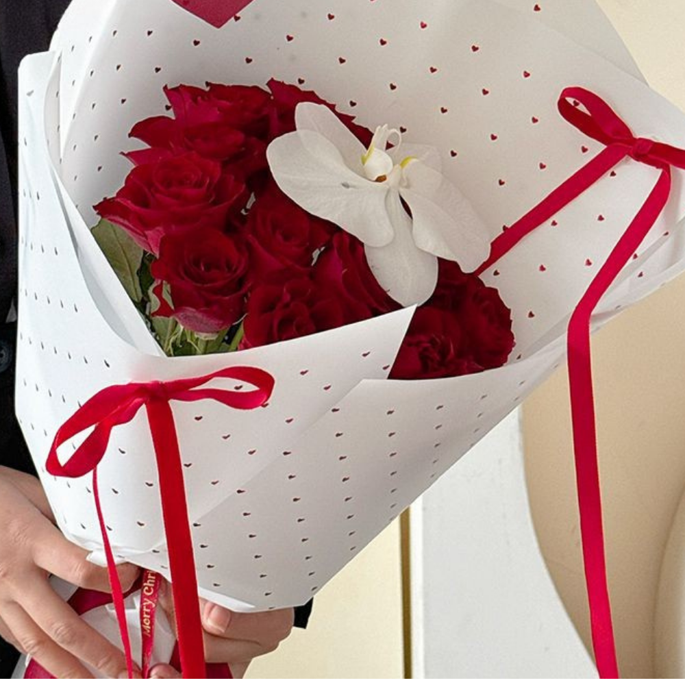 Semi-Transparent Flower Wrap with Red Shiny Hearts, Pack of 20, Various Colors