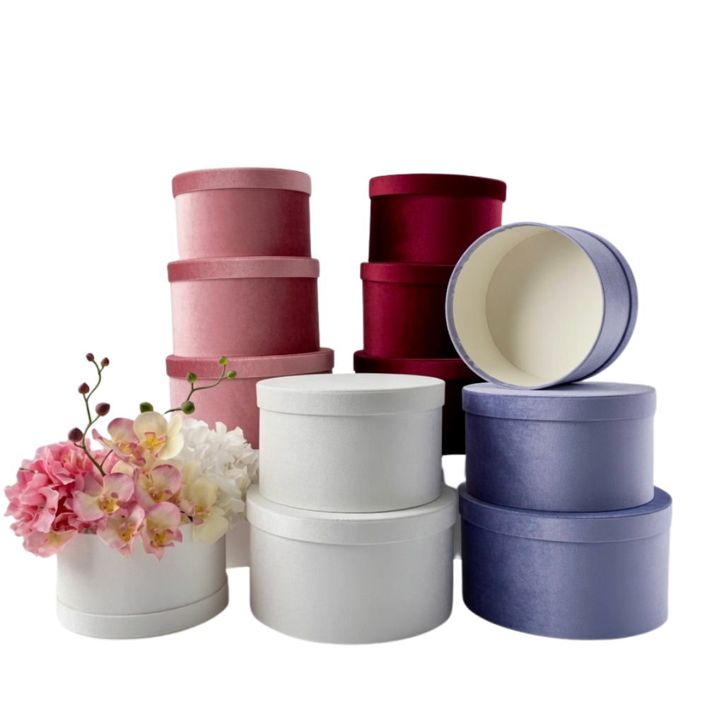 Set of 3, Luxurious Velour Large Round Flower/Gift Boxes with Lids, Various Colors | W155