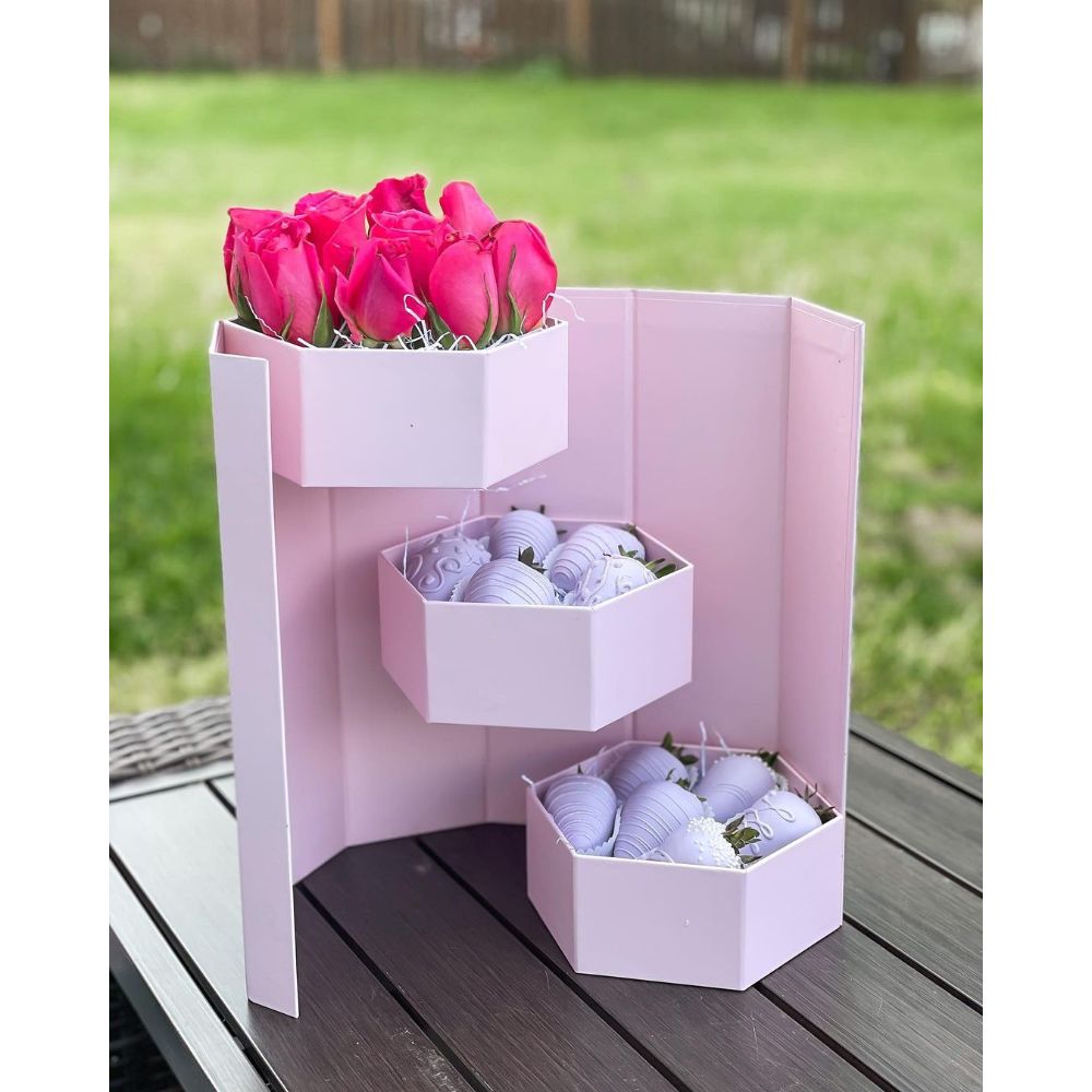 Hexagon Shape Surprise Flower Gift Box, 3 Tier, 8.5"x 7.4"x 15", Various Colors | W73