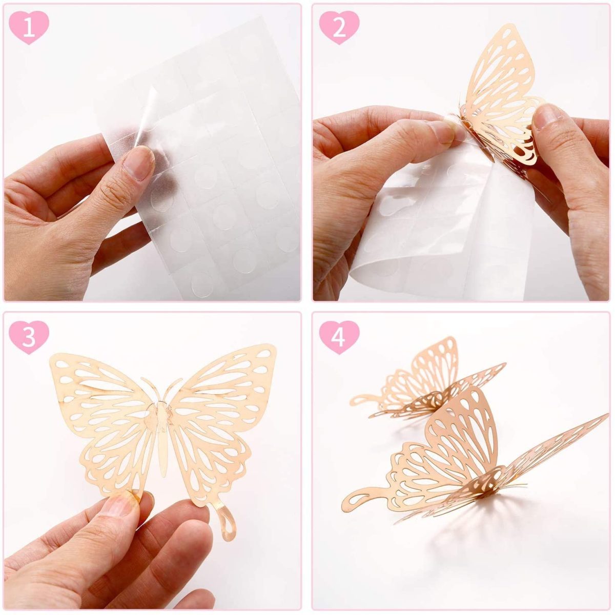 3-D Stick-On Butterflies, Pack of 12, Silver/Rose Gold/Gold