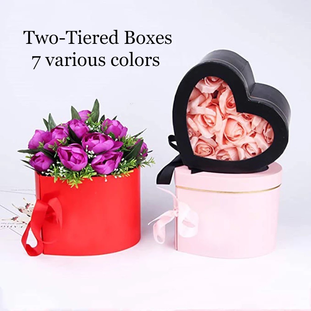 Double Layered Heart Shaped Flower/Gift Boxes with Plastic Liner - Size 9"x 8"x 6.5", Various Colors