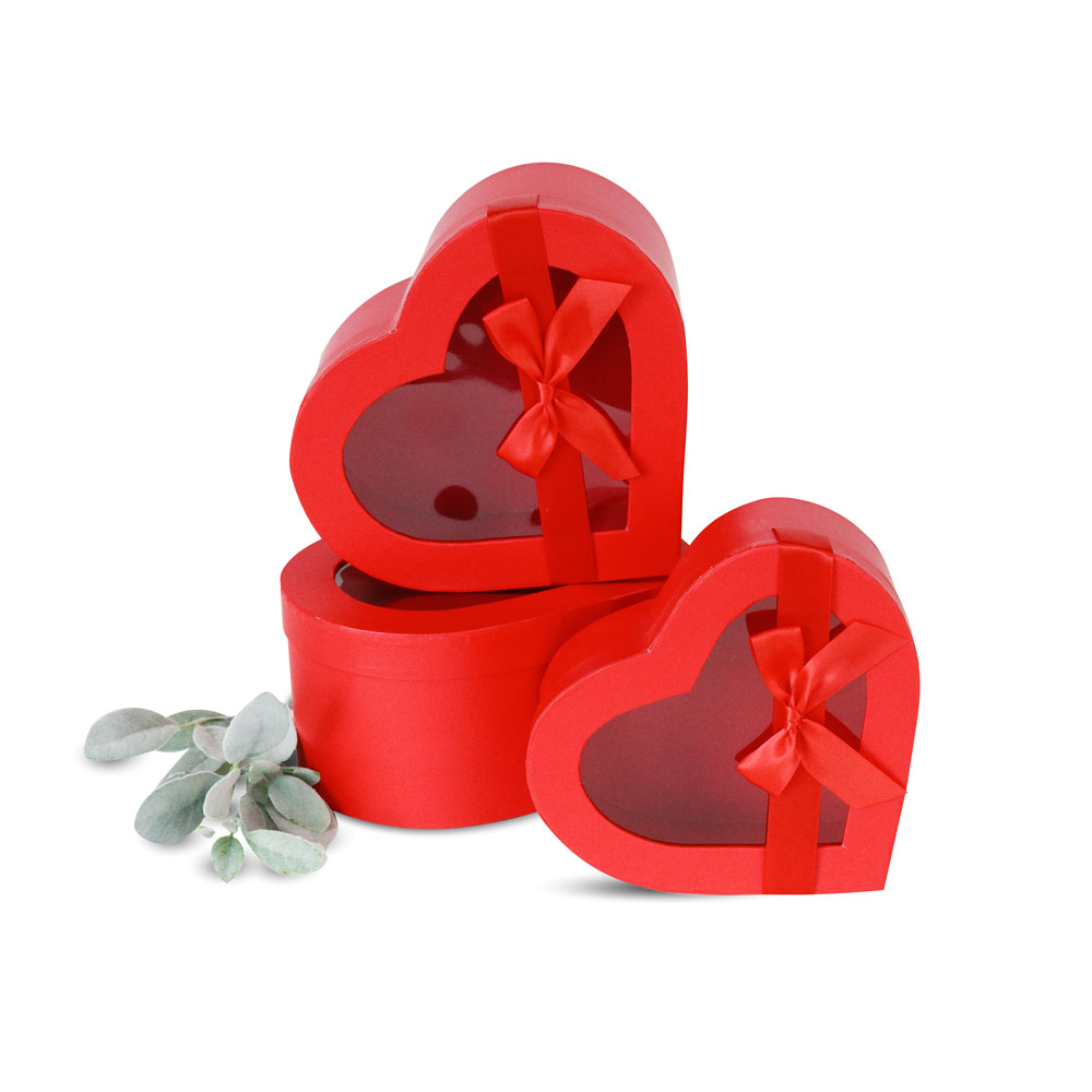 Set of 3, Heart Shaped Flower/Gift Boxes with Ribbon Bow, White/Pink/Black/Red | W740