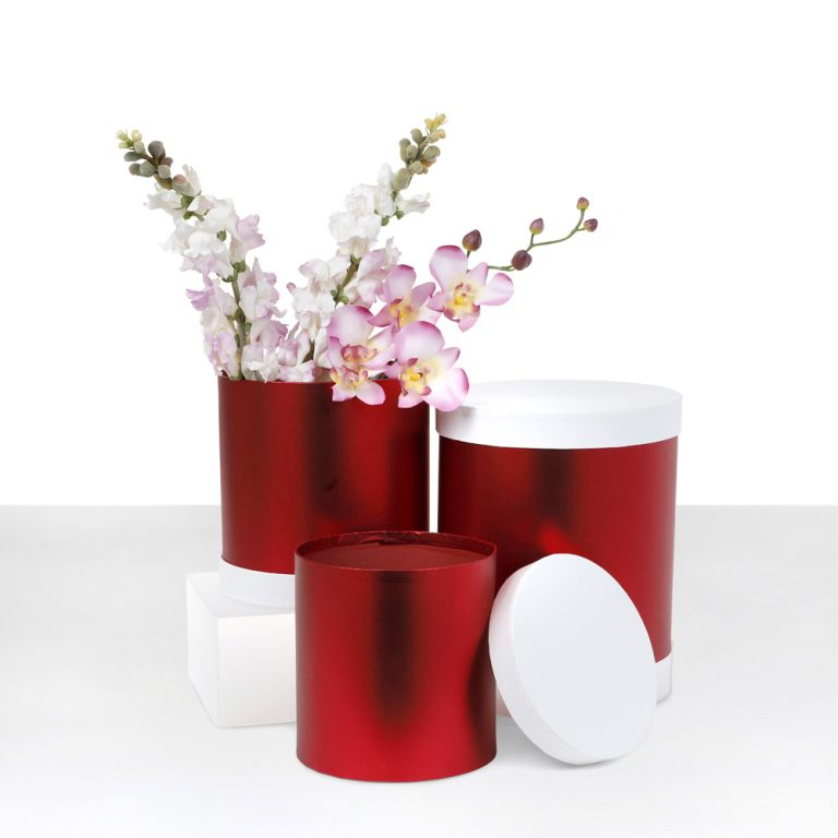 Set of 3, Round Flower/Gift Boxes, Silver with Pink Lids/Shiny Red with