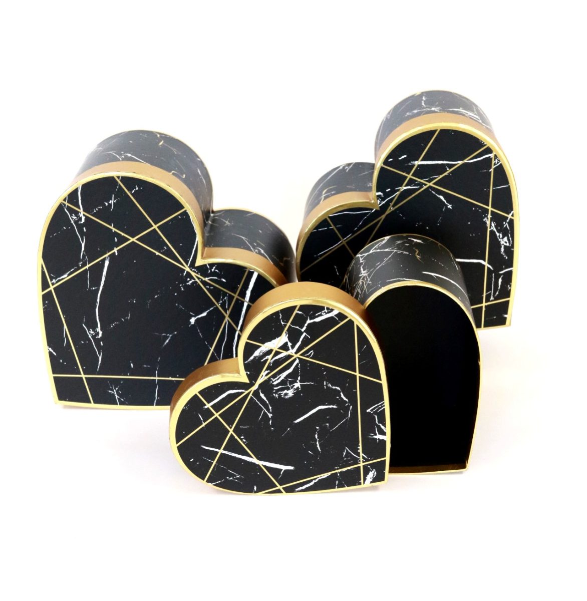 Set of 3, Heart Shaped Flower/Gift Boxes, White/Black Marble