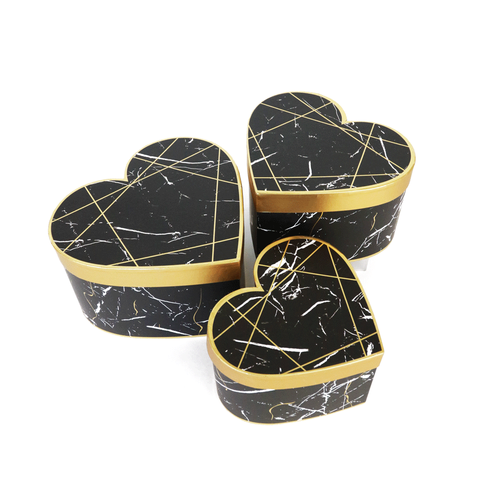 Set of 3, Heart Shaped Flower/Gift Boxes, White/Black Marble