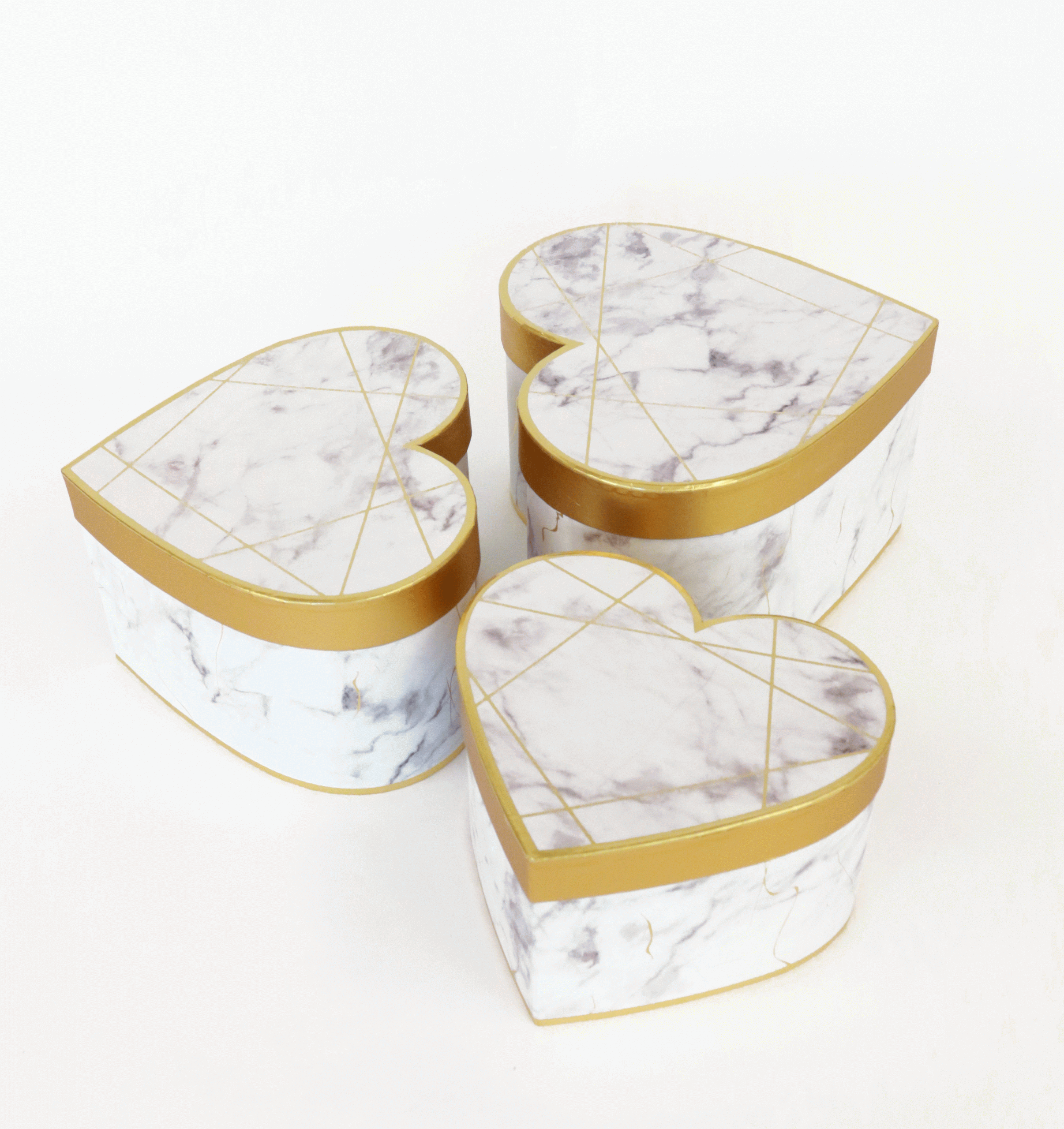 Set of 3, Heart Shaped Flower/Gift Boxes, White/Black Marble