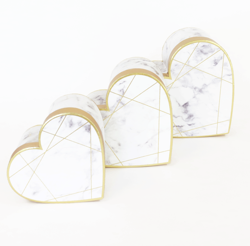 Set of 3, Heart Shaped Flower/Gift Boxes, White/Black Marble