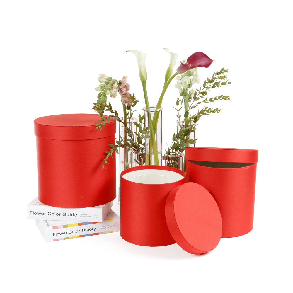 Set of 3, Round Flower Boxes, Silky Fabric Finish, Black/White/Pink/Red | W503