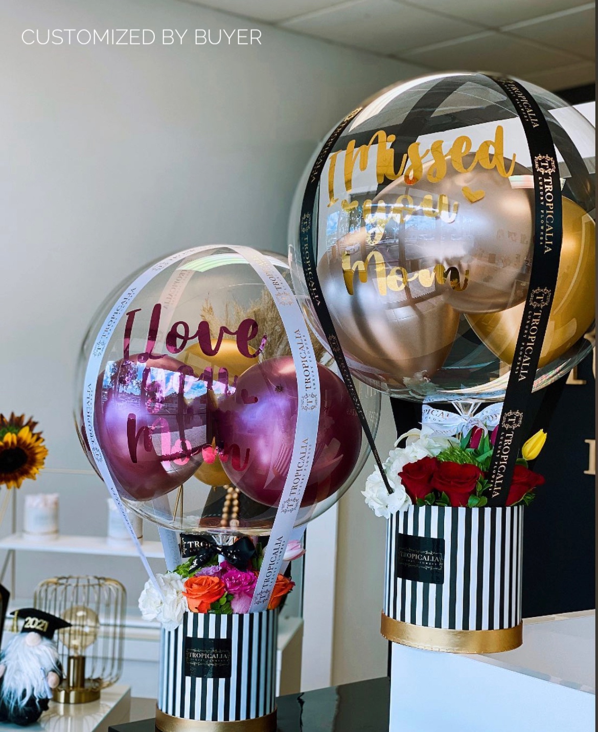 Set of 3, Round Flower/Gift Boxes with Golden Lids, Pink/Black Stripes | W7414/7412