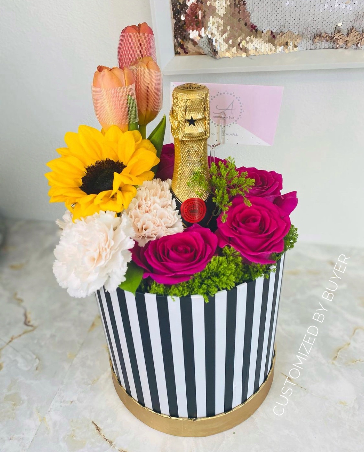 Set of 3, Round Flower/Gift Boxes with Golden Lids, Pink/Black Stripes | W7414/7412
