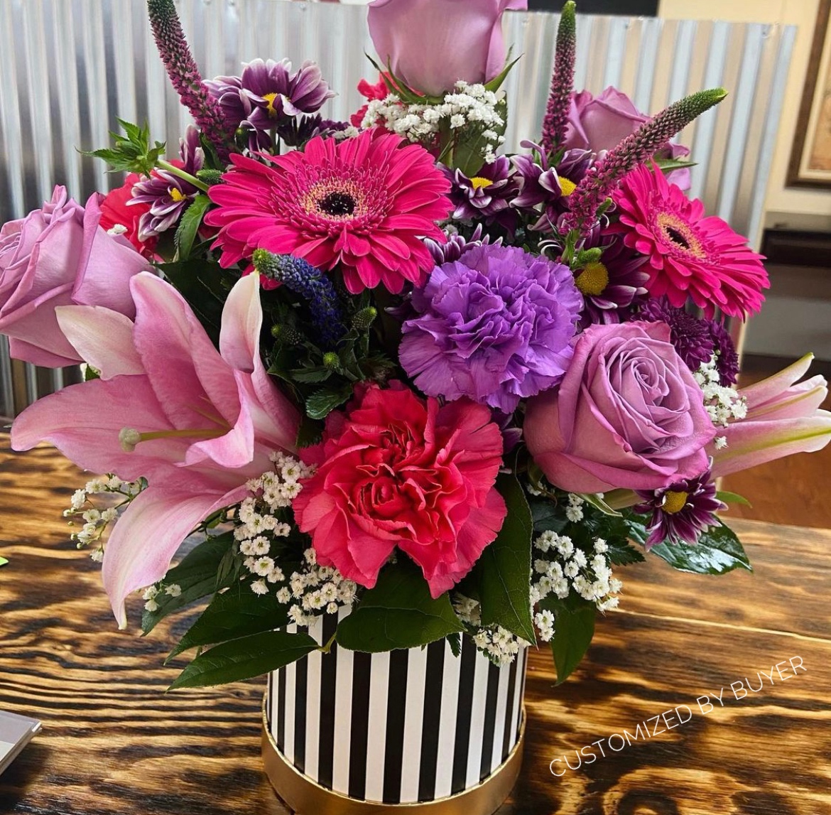 Set of 3, Round Flower/Gift Boxes with Golden Lids, Pink/Black Stripes | W7414/7412