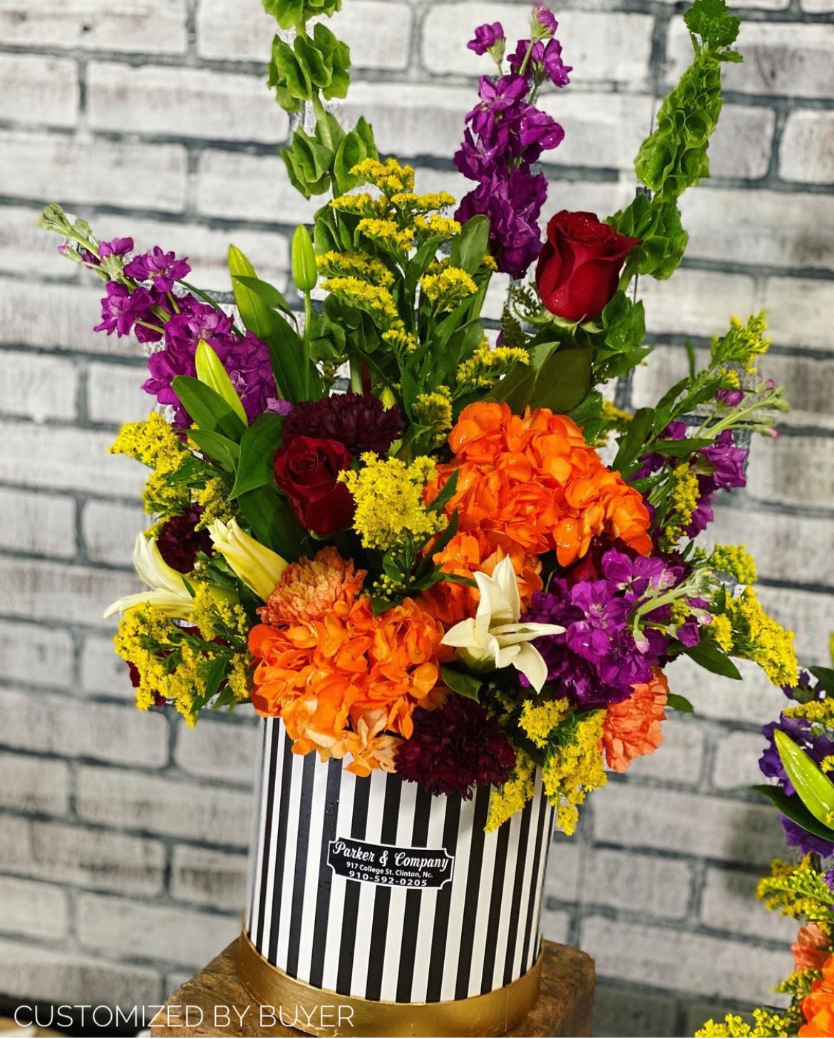 Round Flower Box with Golden Lids Set of 3, Black Stripes W7412