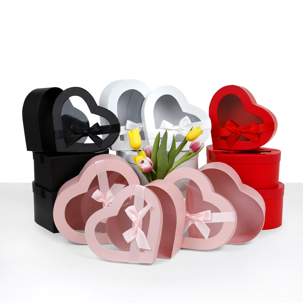 Set of 2, Double-Hearts Flower/Gift Boxes, Black/White/Pink/Red