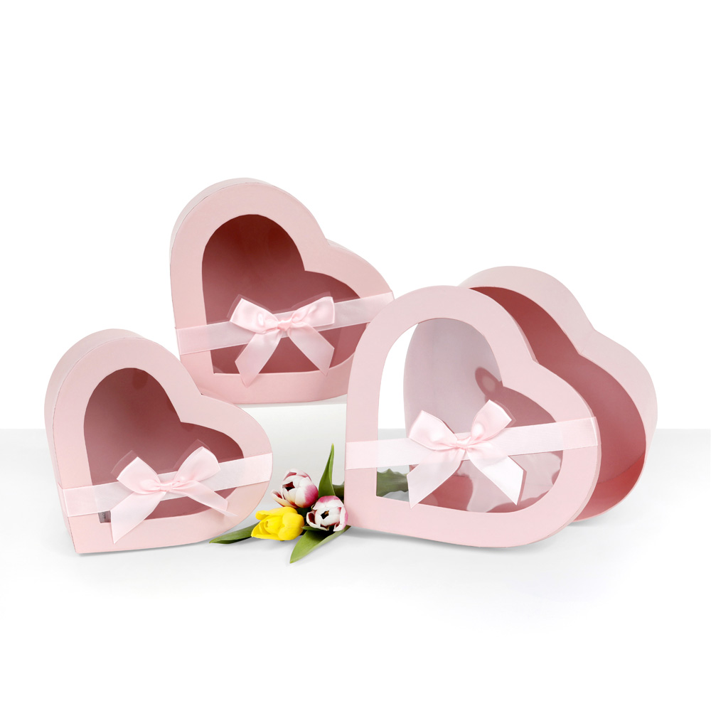Set of 3, Heart Shaped Flower/Gift Boxes with Ribbon Bow, White/Pink/Black/Red | W740