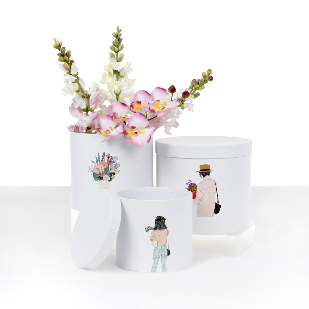 Set of 3, Round Flower/Gift Boxes with Lids, City Life Collection, Pink/White | W588