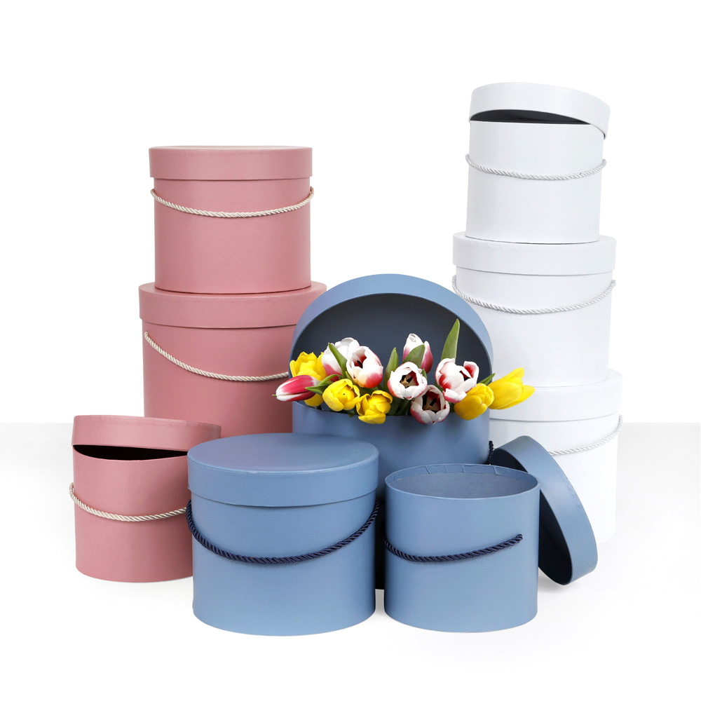 Set of 3, Round Flower/Gift Boxes with Lids, White, Dusty Rose, Matte Blue