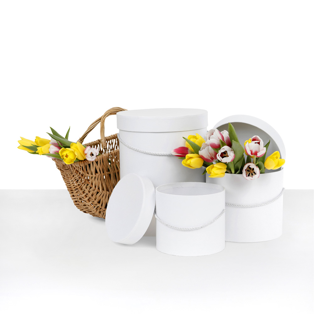 Set of 3, Round Flower/Gift Boxes with Lids, White, Dusty Rose, Matte Blue | W939