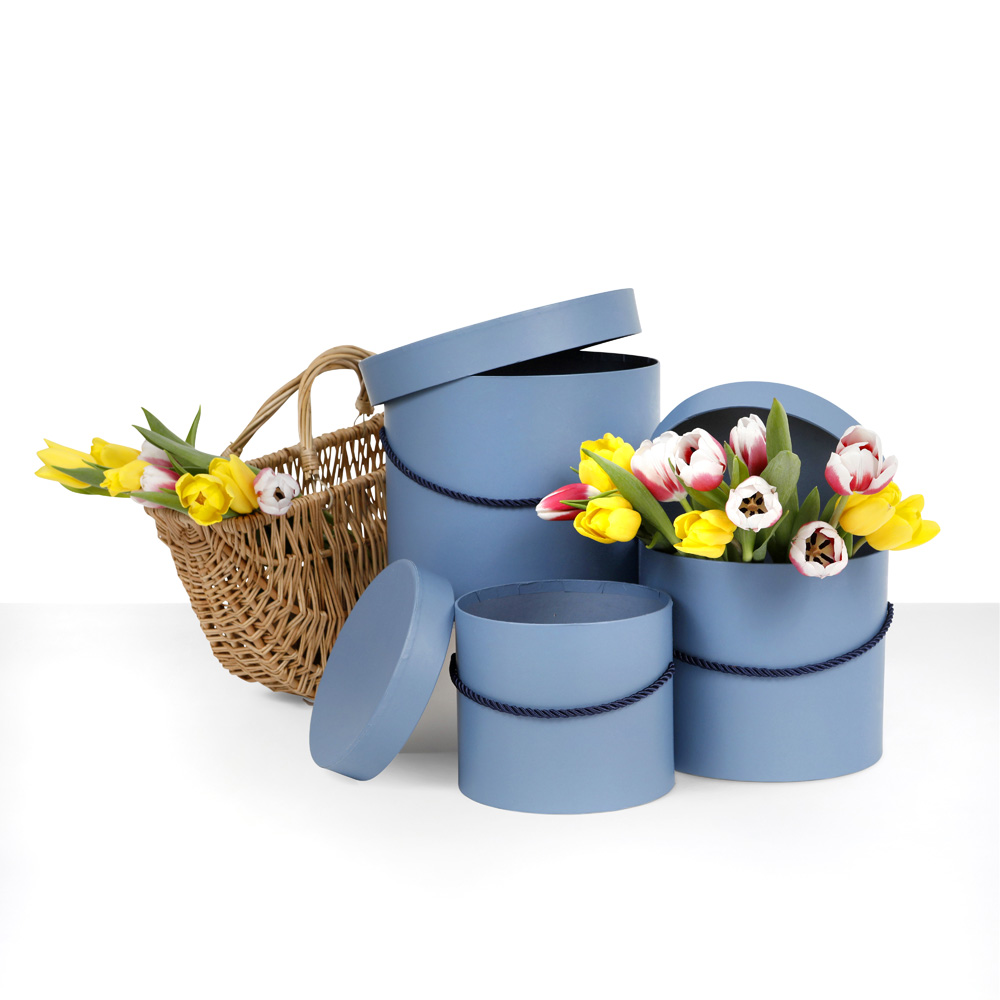 Set of 3, Round Flower/Gift Boxes with Lids, White, Dusty Rose, Matte Blue | W939