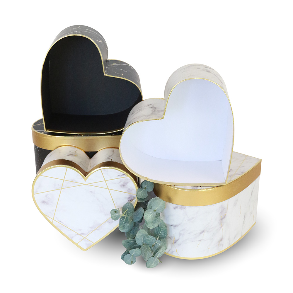 Set of 3, Heart Shaped Flower/Gift Boxes, White/Black Marble