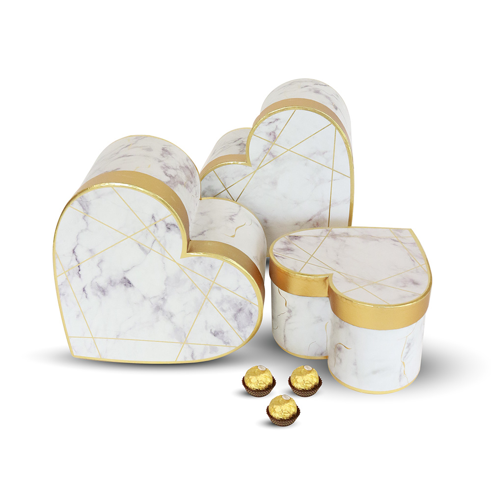 Set of 3, Heart Shaped Flower/Gift Boxes, White/Black Marble