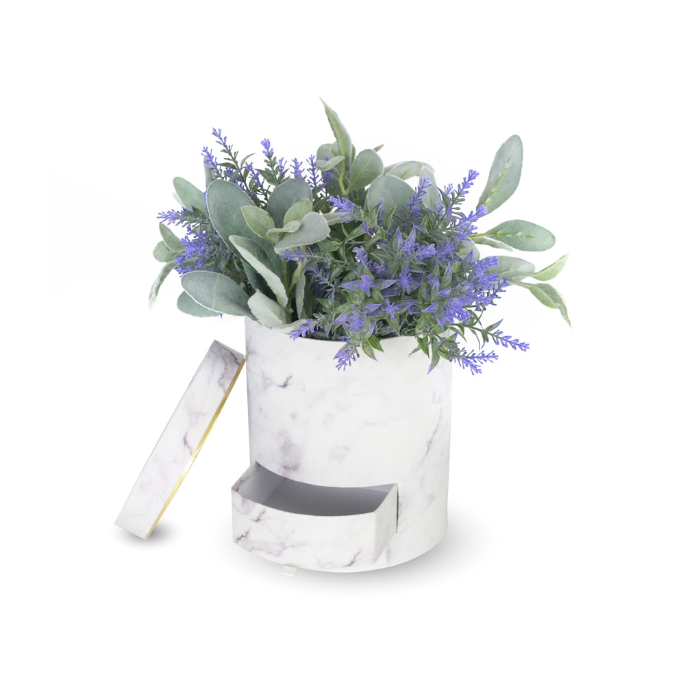 Round Shaped Flower Gift Box, with Tray, Size 6.7" dia x 7.9", Marble Design | W674