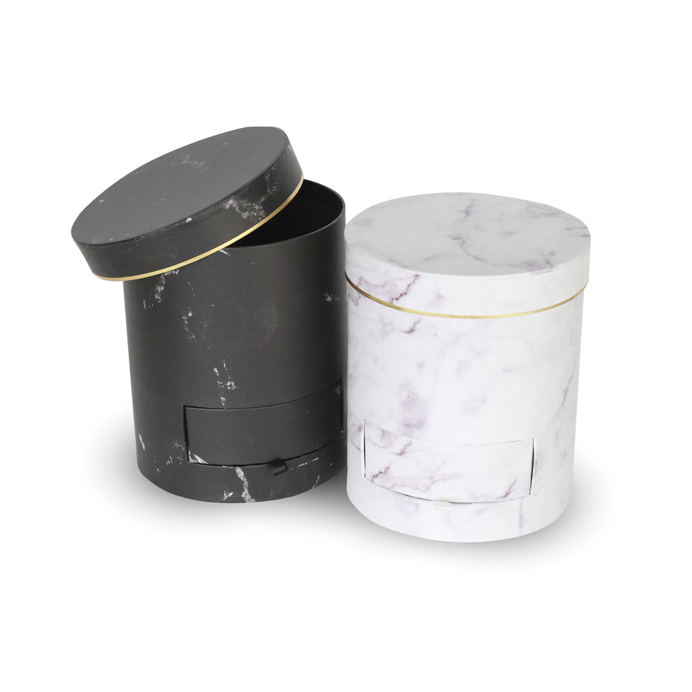 Round Shaped Flower Gift Box, with Tray, Size 6.7" dia x 7.9", Marble Design | W674