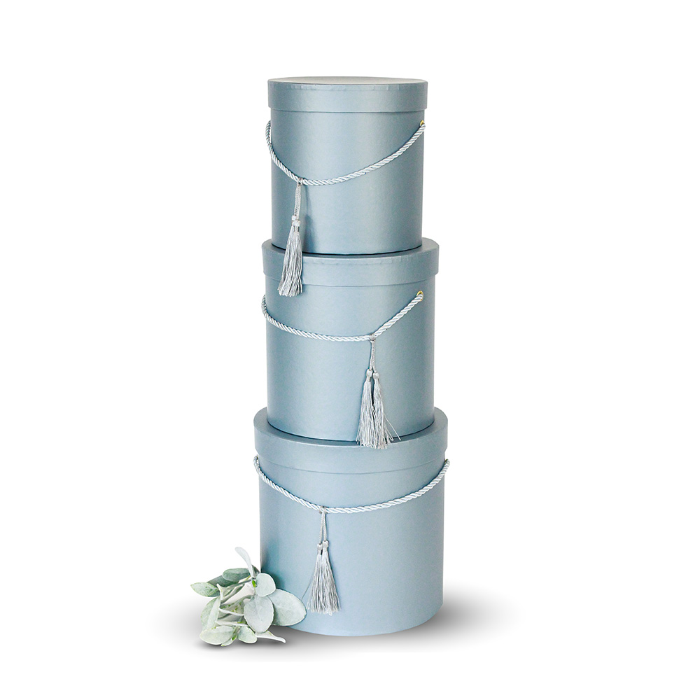 Set of 3, Round Flower/Gift Boxes with Lids, with Tassel Detail, Plastic Liner | W680