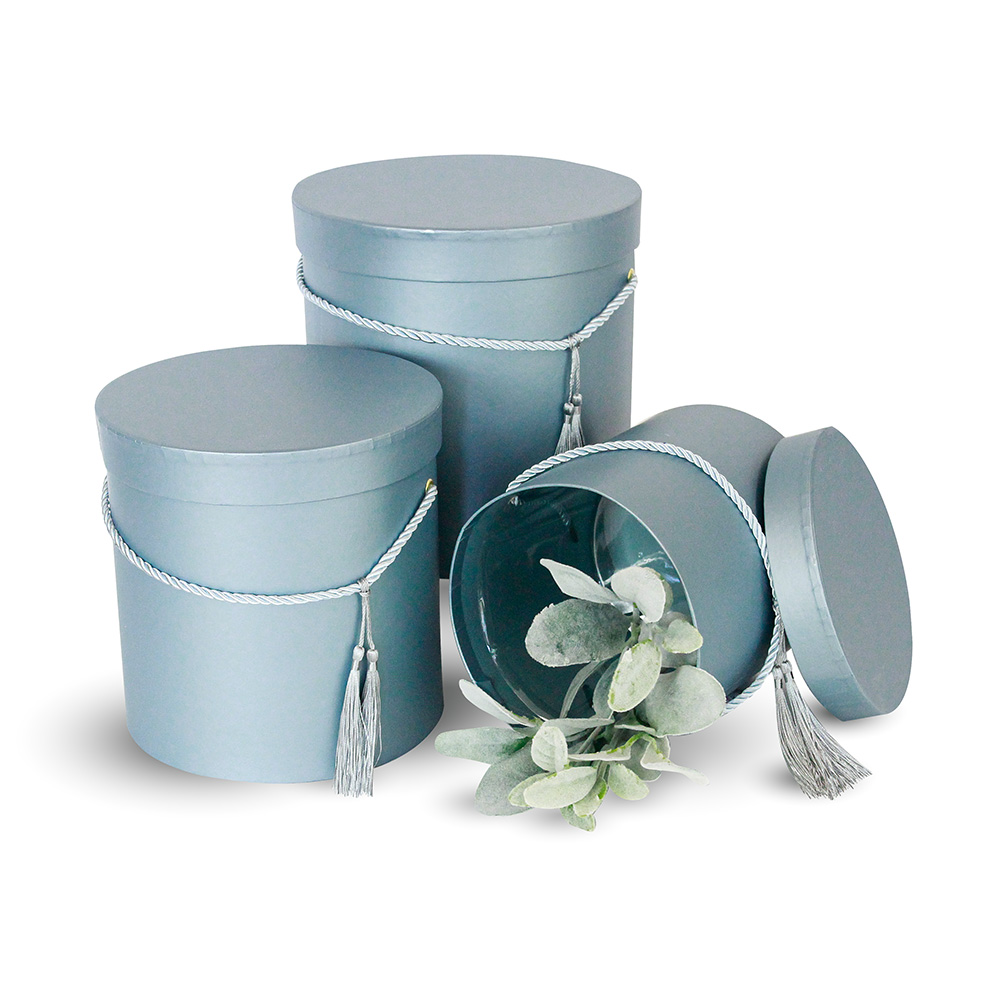 Set of 3, Round Flower/Gift Boxes with Lids, with Tassel Detail, Plastic Liner | W680