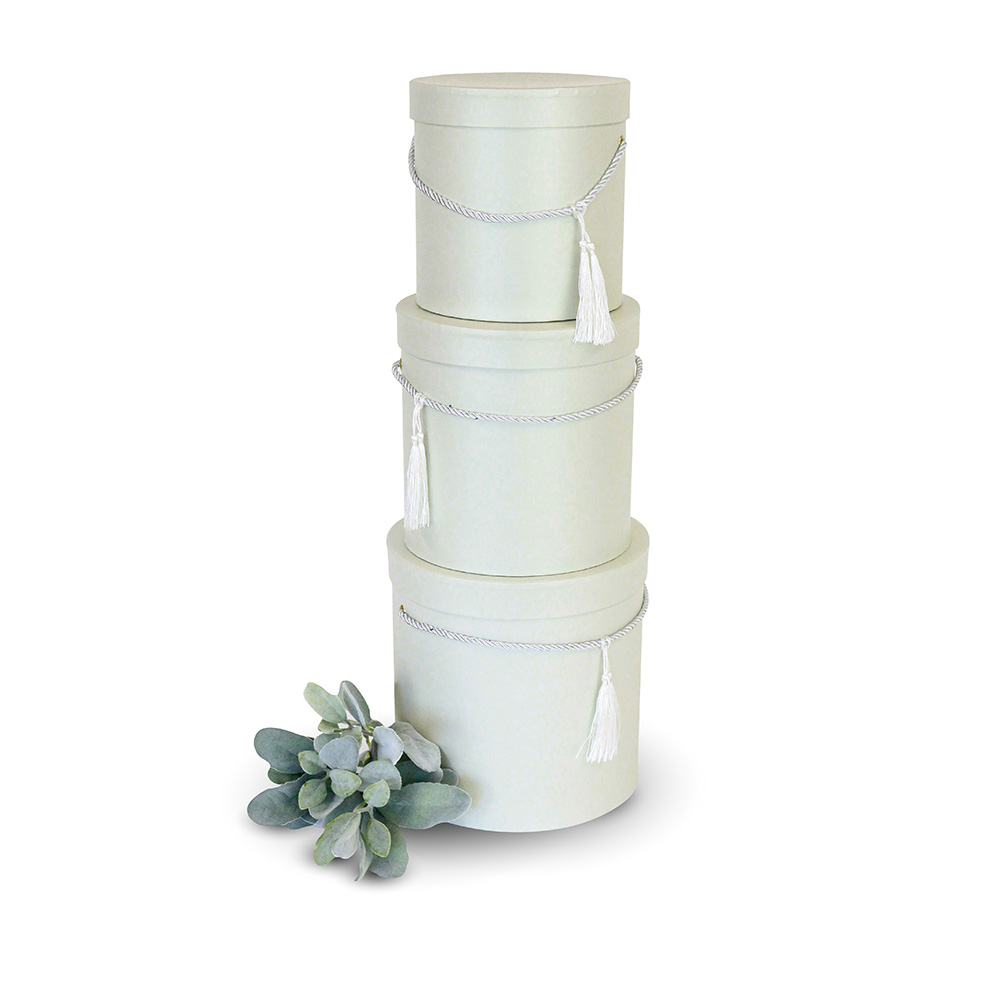 Set of 3, Round Flower/Gift Boxes with Lids, with Tassel Detail, Plastic Liner | W680