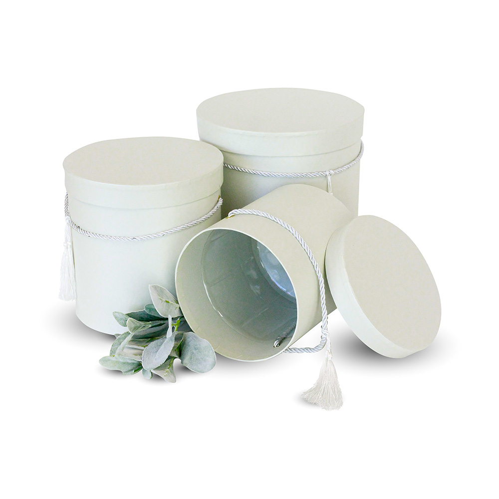 Set of 3, Round Flower/Gift Boxes with Lids, with Tassel Detail, Plastic Liner | W680