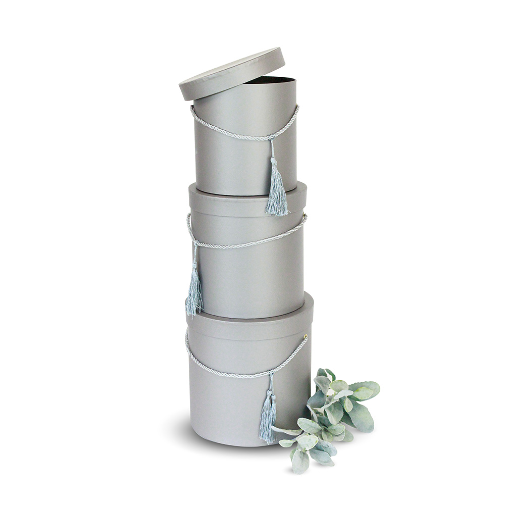 Set of 3, Round Flower/Gift Boxes with Lids, with Tassel Detail, Plastic Liner | W680