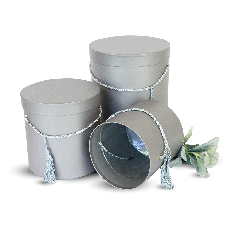Set of 3, Round Flower/Gift Boxes with Lids, with Tassel Detail, Plastic Liner | W680
