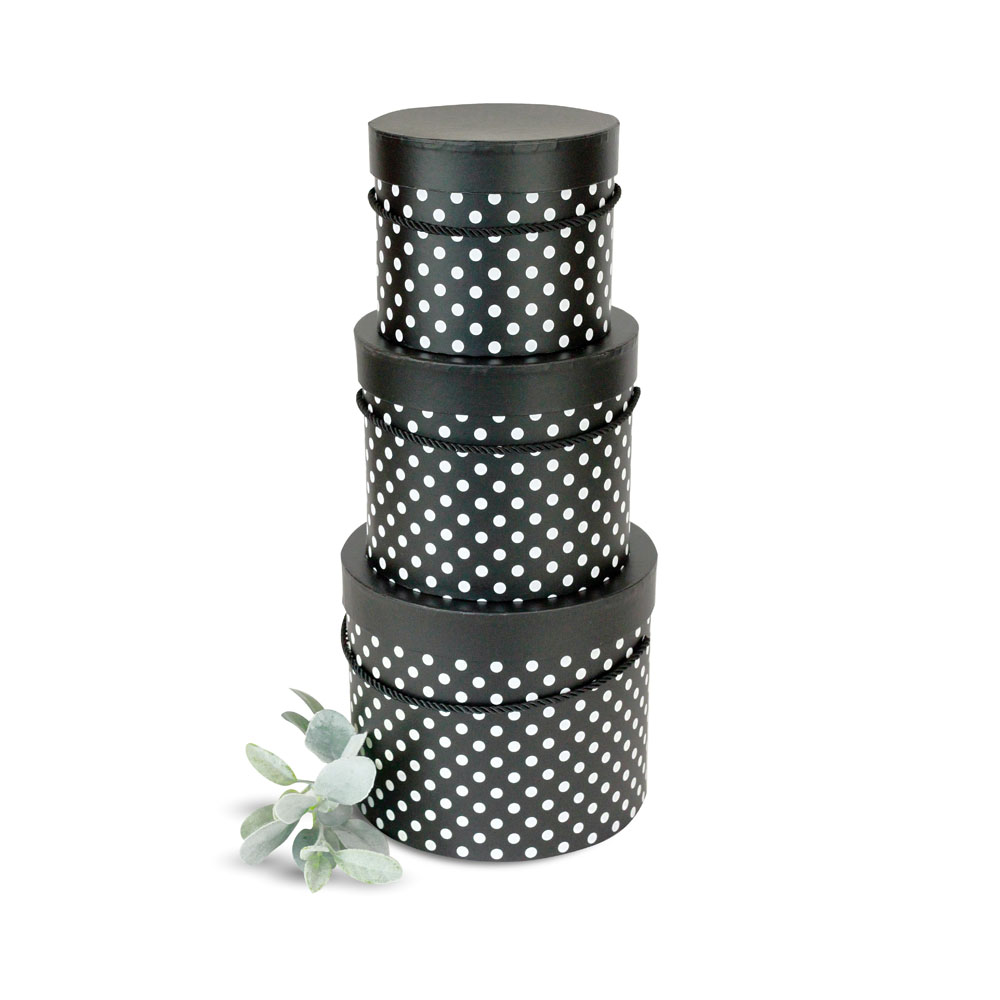 Set of 3, Round Flower/Gift Boxes with Lids, Polka Dots Design | W9399-W9400