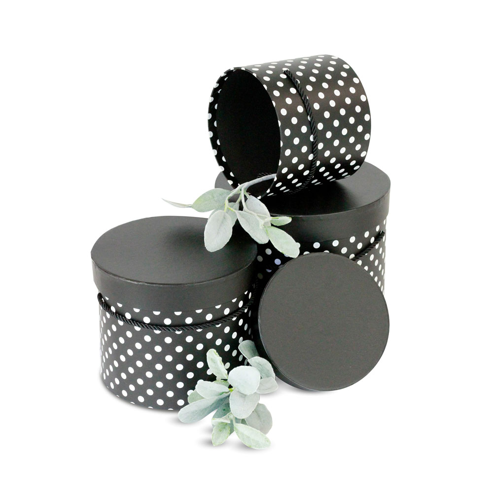 Set of 3, Round Flower/Gift Boxes with Lids, Polka Dots Design | W9399-W9400