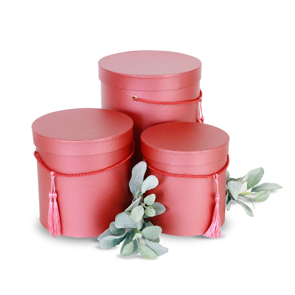 Set of 3, Round Flower/Gift Boxes with Lids, with Tassel Detail, Plastic Liner | W680