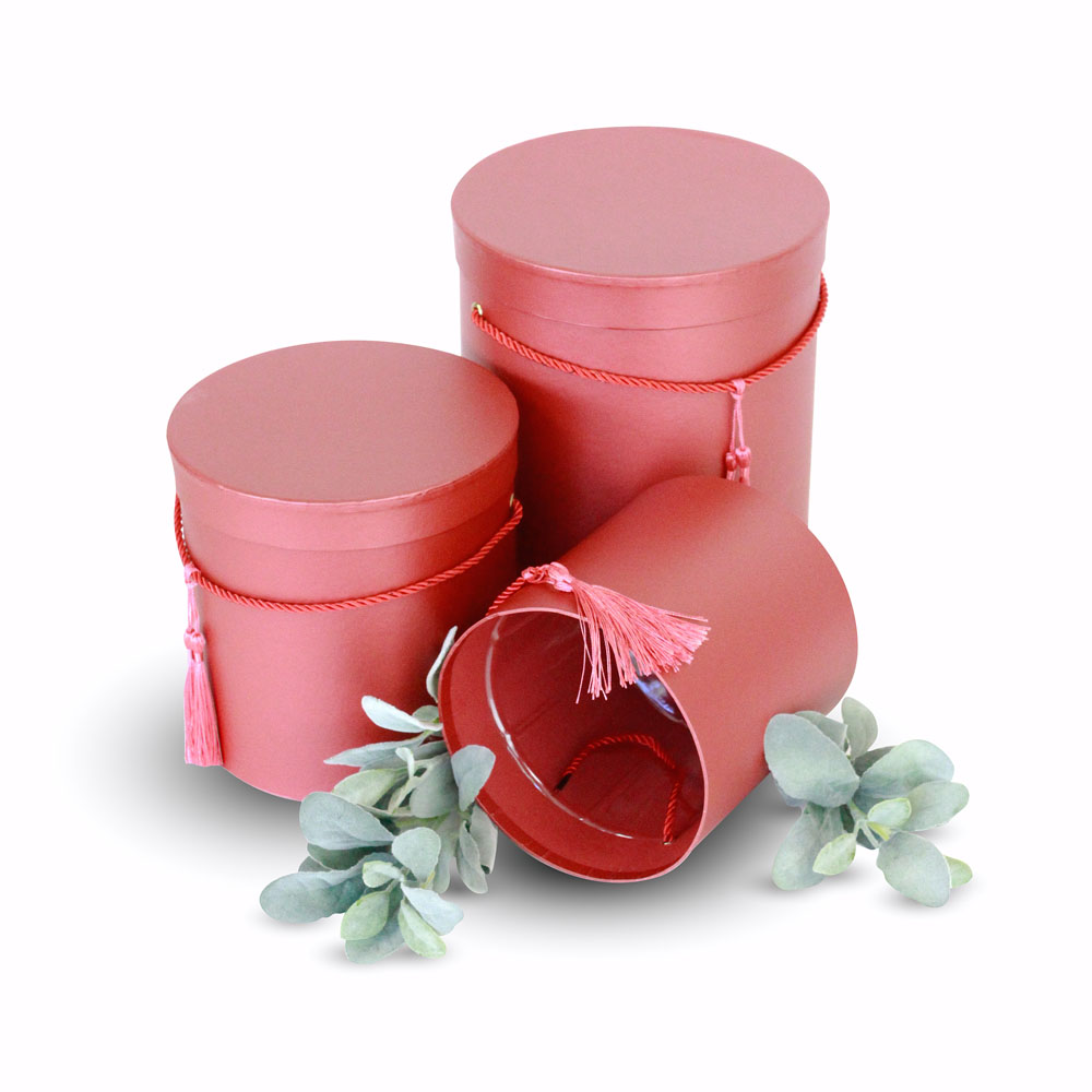 Set of 3, Round Flower/Gift Boxes with Lids, with Tassel Detail, Plastic Liner | W680