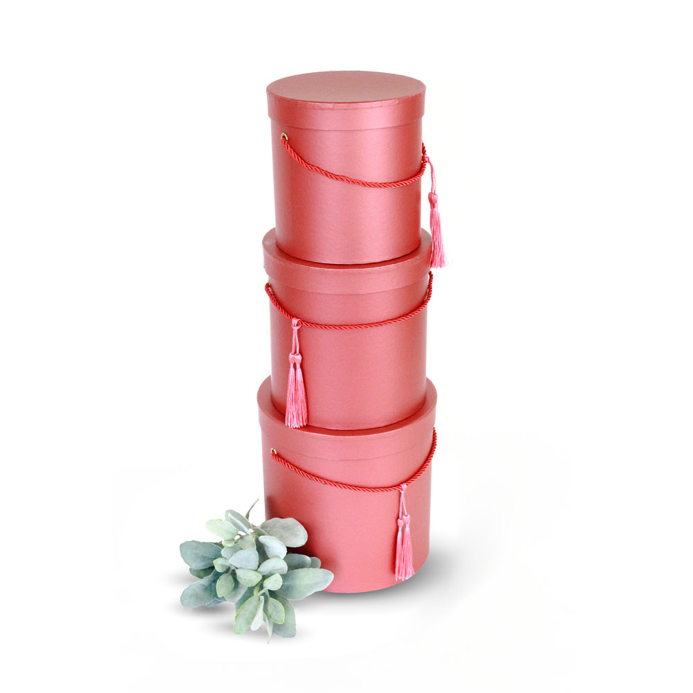 Set of 3, Round Flower/Gift Boxes with Lids, with Tassel Detail, Plastic Liner | W680
