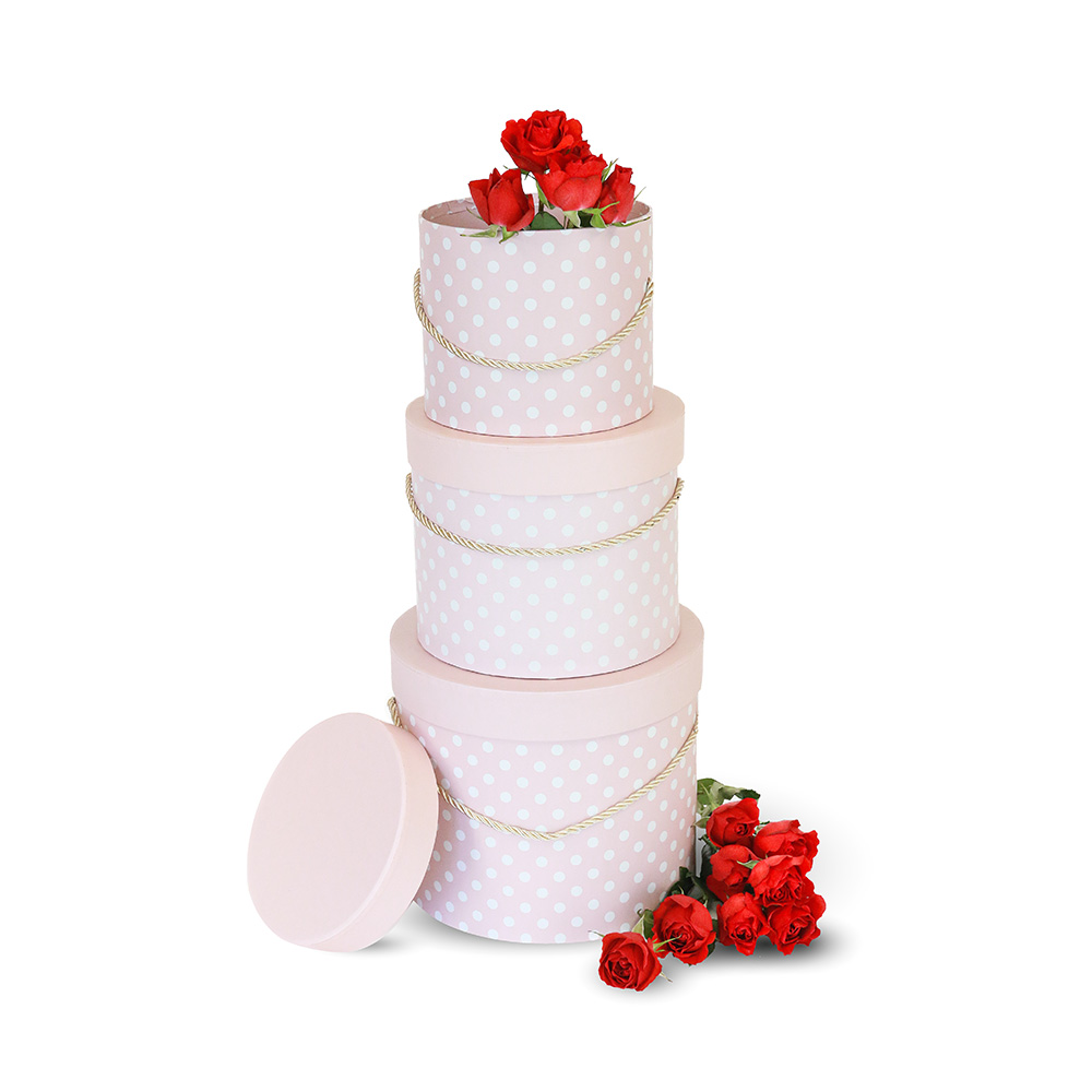 Set of 3, Round Flower/Gift Boxes with Lids, Polka Dots Design | W9399-W9400