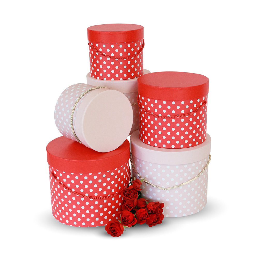 Set of 3, Round Flower/Gift Boxes with Lids, Polka Dots Design