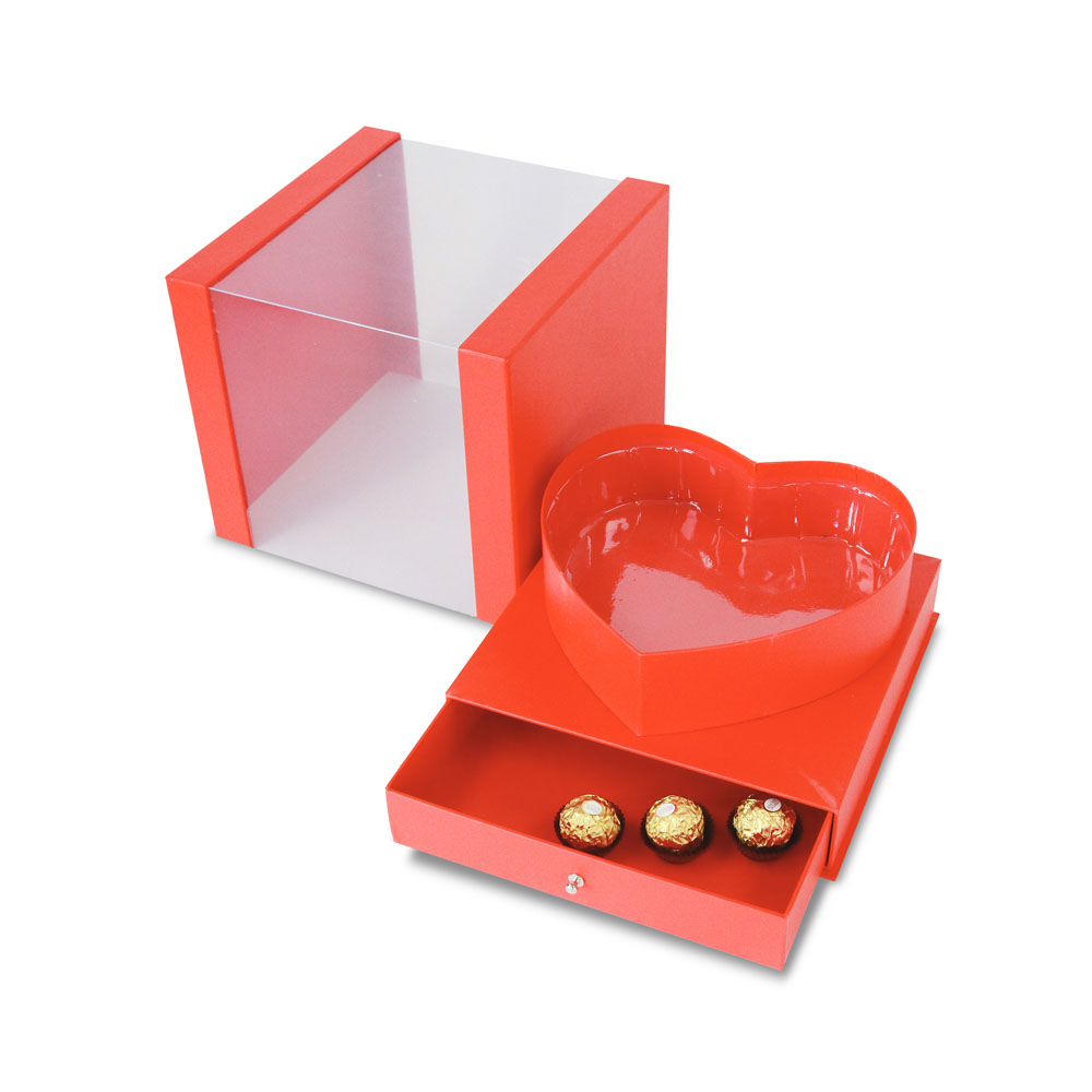 Large Square Box with Heart Insert and Surprise Drawer, 9.5"x 9.5"x 8.3", Various Colors | W735