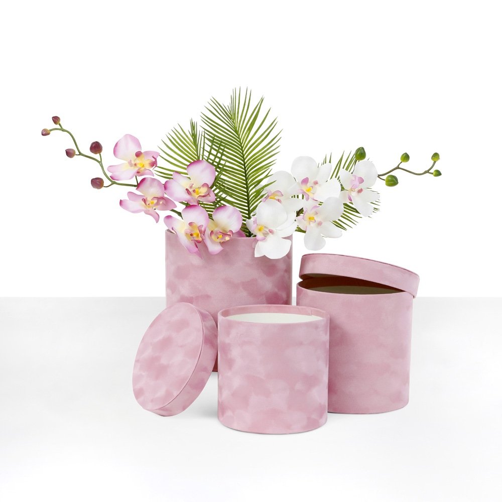 Velvet Set of 3, Round Flower/Gift Boxes with Lids, Black/White/Pink/White | W722