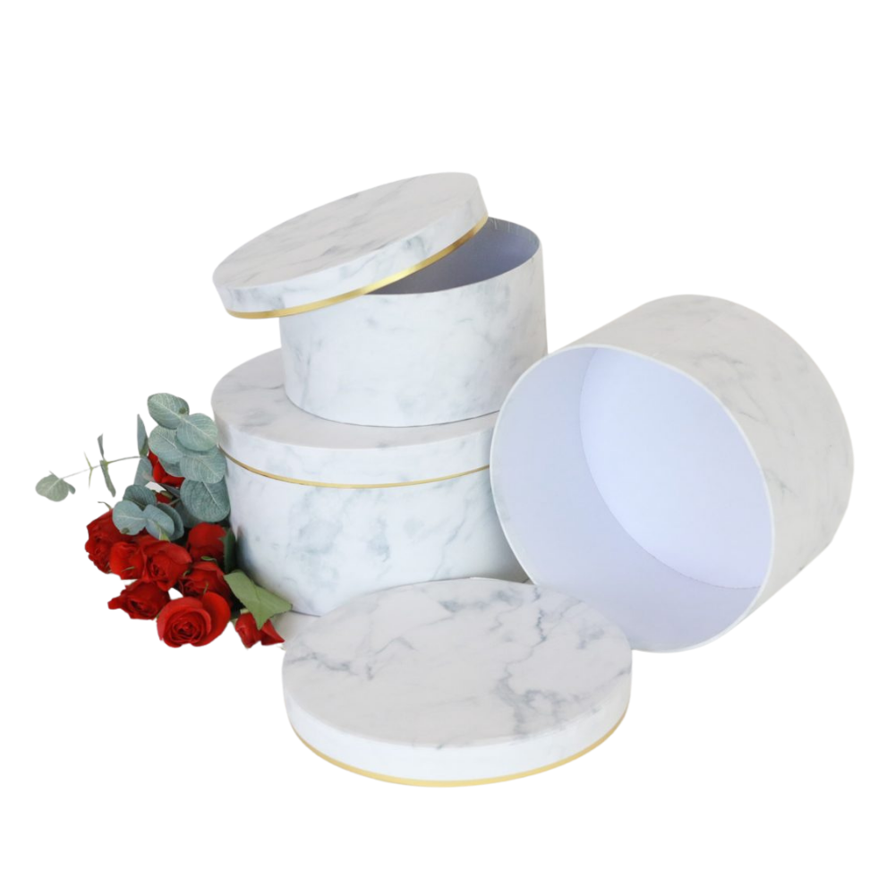 premium-quality-european-style-round-floral-flower-box-white-marble-with-golden-rim-w6705-4 Set of 3, Round Flower/Gift Boxes - Black Marble/White Marble with Gold Rim | W670