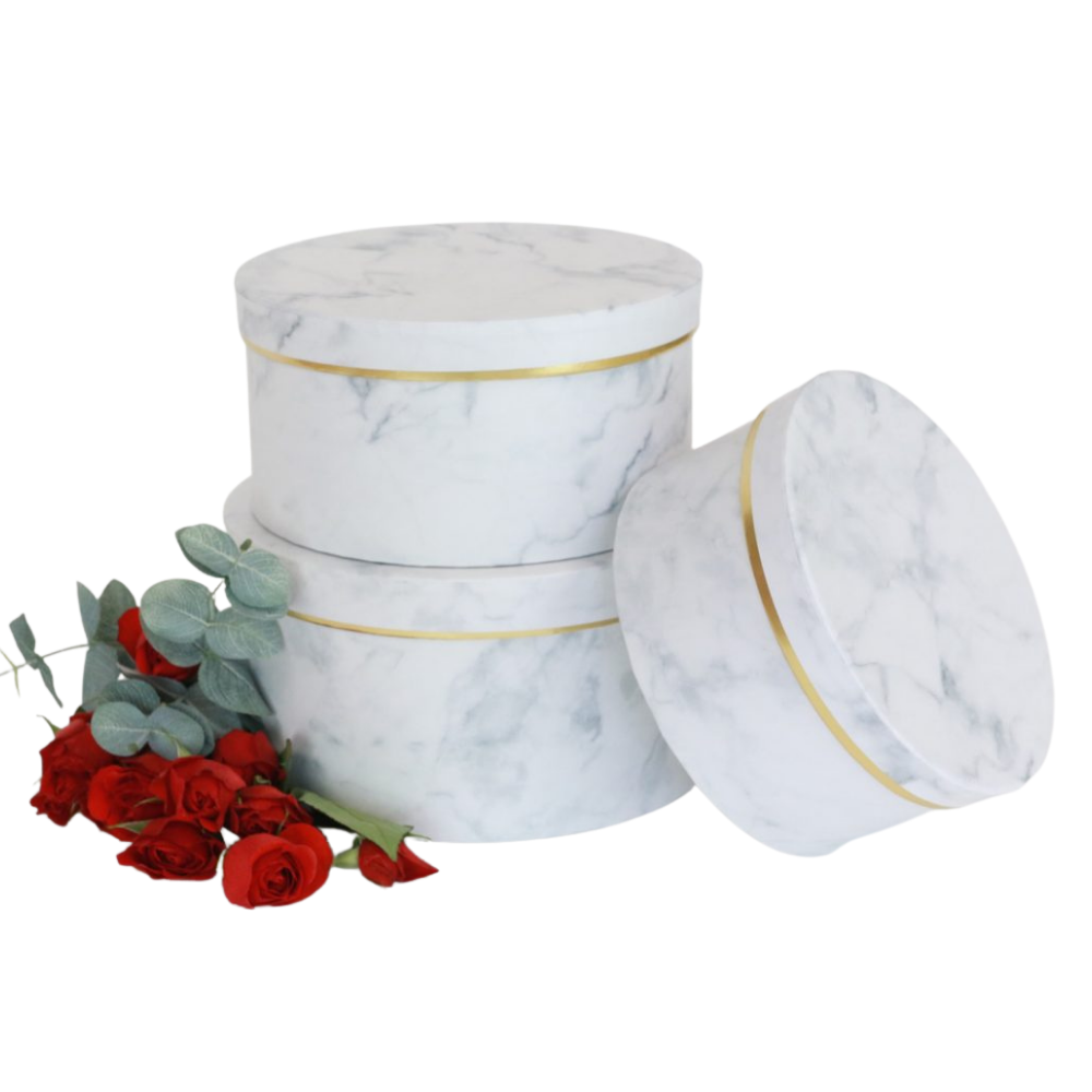 premium-quality-european-style-round-floral-flower-box-white-marble-with-golden-rim-w6705-3 Set of 3, Round Flower/Gift Boxes - Black Marble/White Marble with Gold Rim | W670
