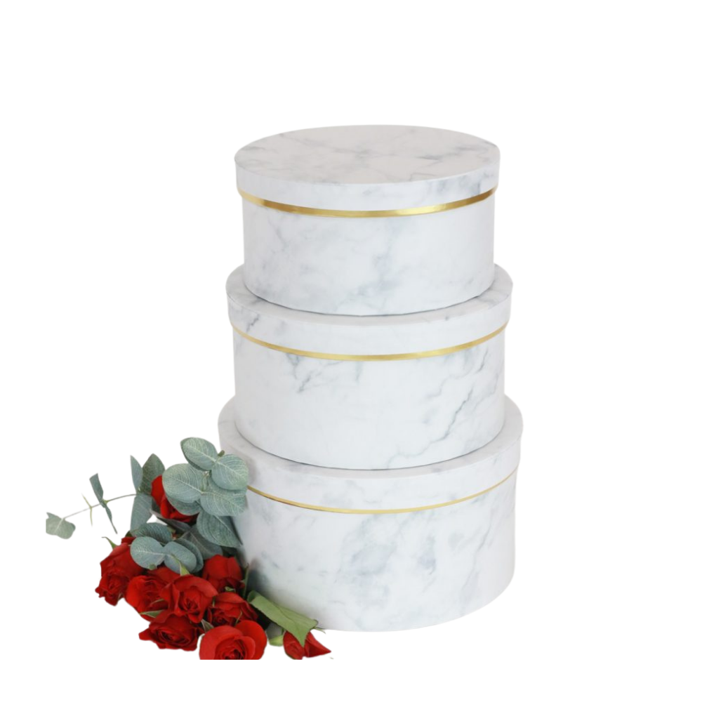premium-quality-european-style-round-floral-flower-box-white-marble-with-golden-rim-w6705-2 Set of 3, Round Flower/Gift Boxes - Black Marble/White Marble with Gold Rim | W670
