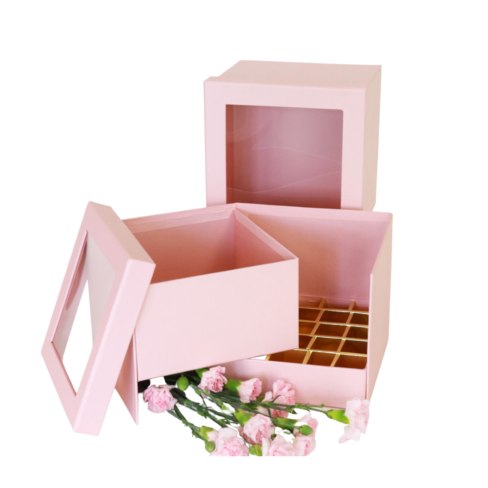Double-layer square surprise flower box with window lid and removable gold chocolate tray, W976 - Pink