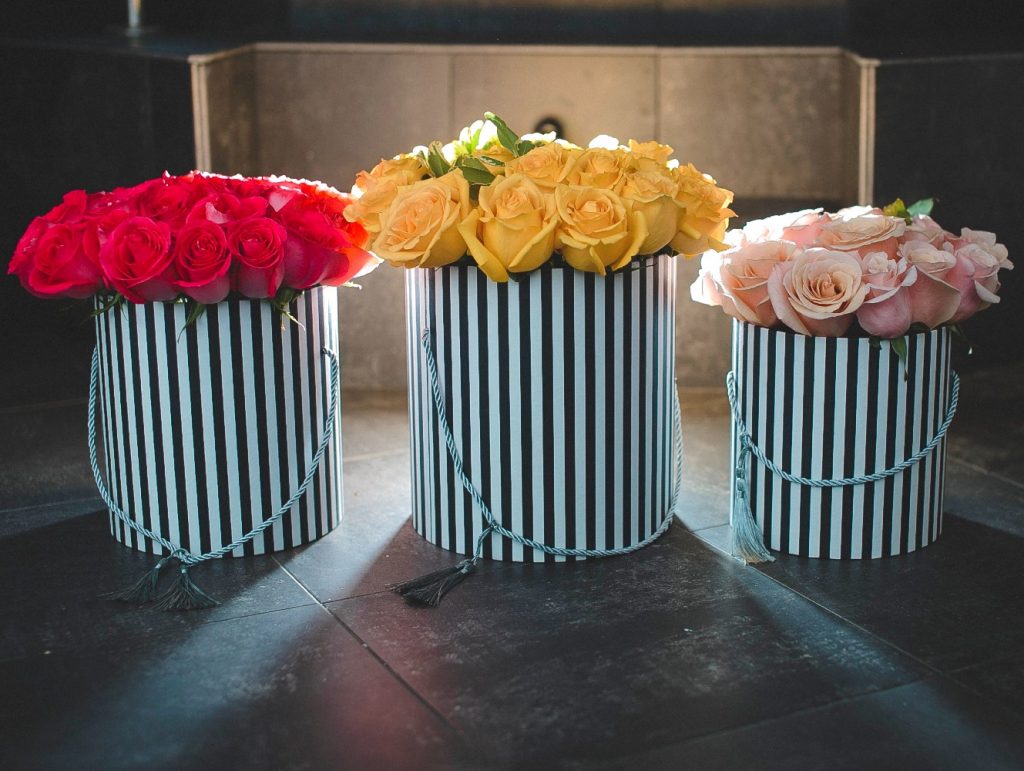 Set of 3, Large Round Flower/Gift Boxes with Lids, Color Stripes Design
