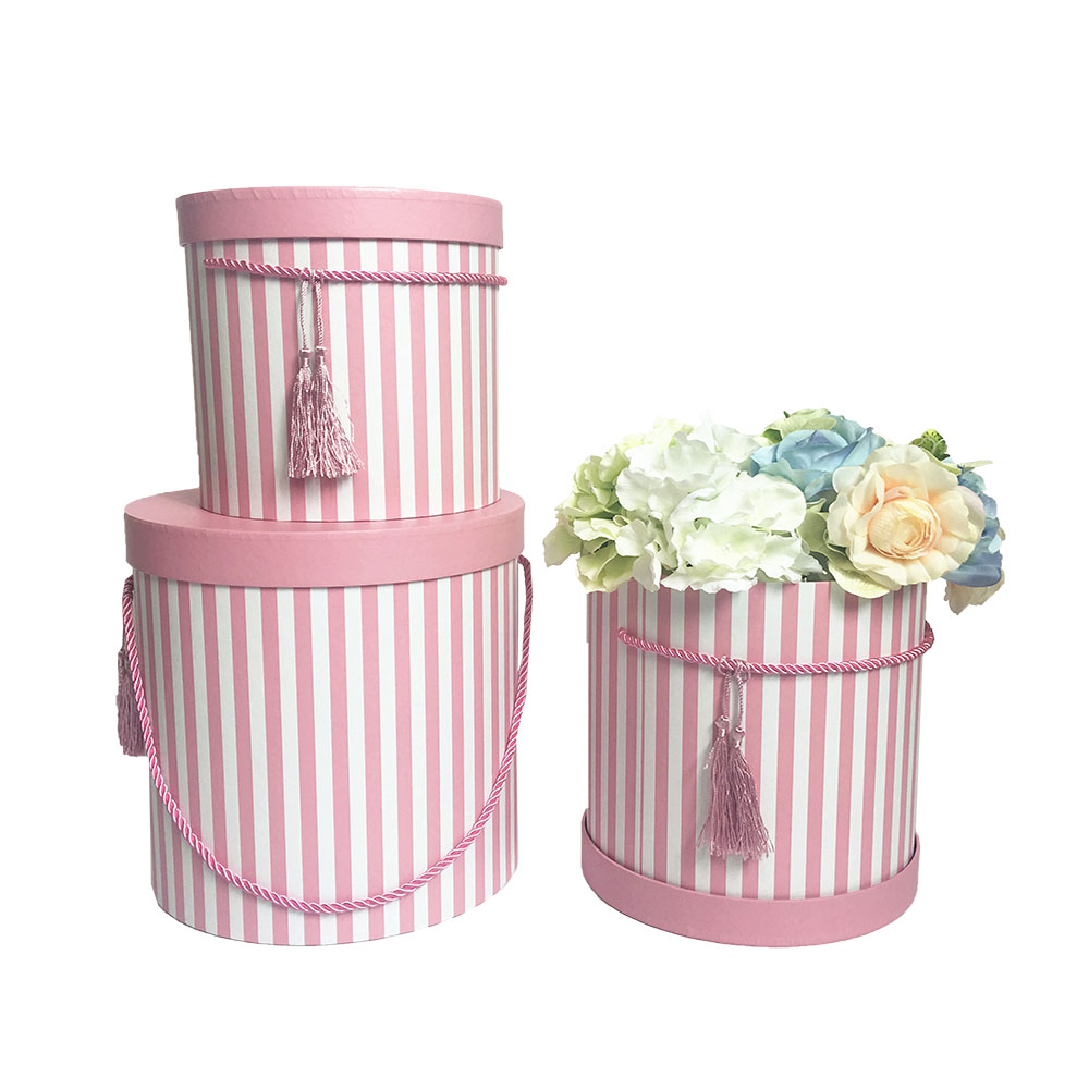 Set of 3, Large Round Flower/Gift Boxes with Lids, Color Stripes Design